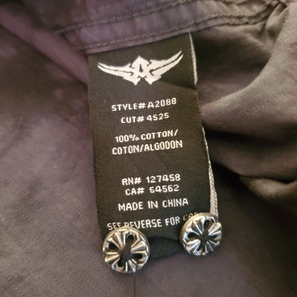 Affliction Gray/blk 2X Lng Slv Embroidery‎ ButtnUp Shirt Studs Goth Grunge Biker